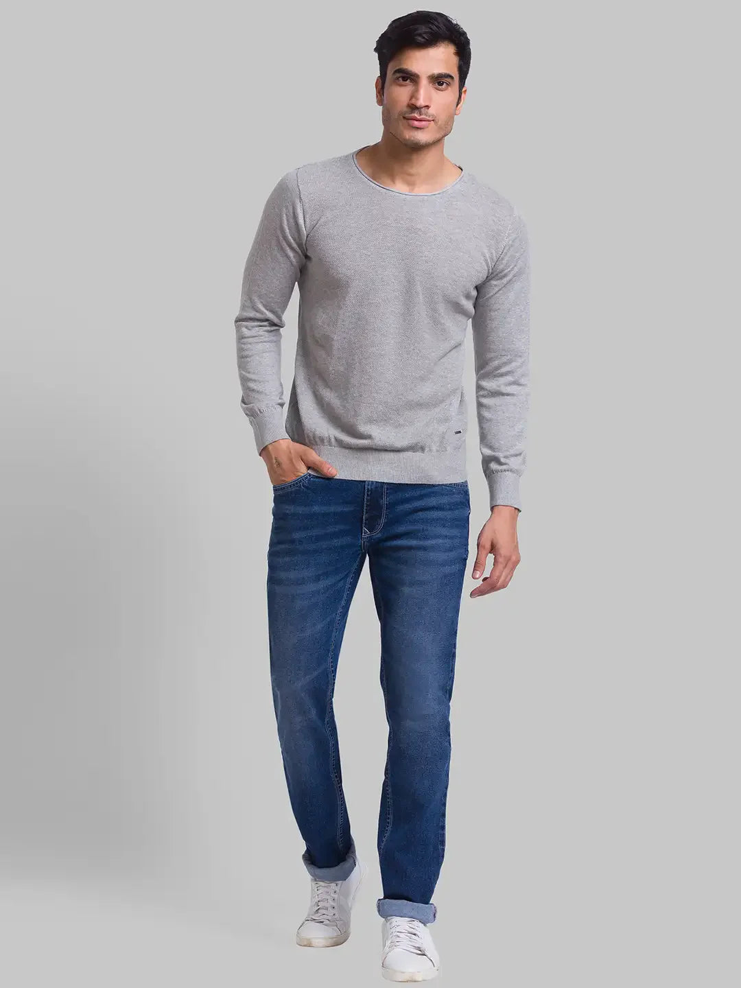 Men Grey Structure Cotton Full Sleeve Sweaters