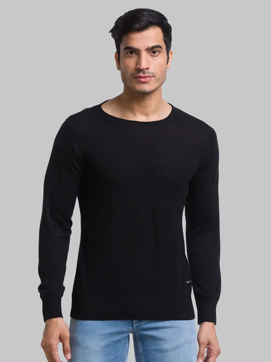 Men Black Structure Cotton Full Sleeve Sweaters