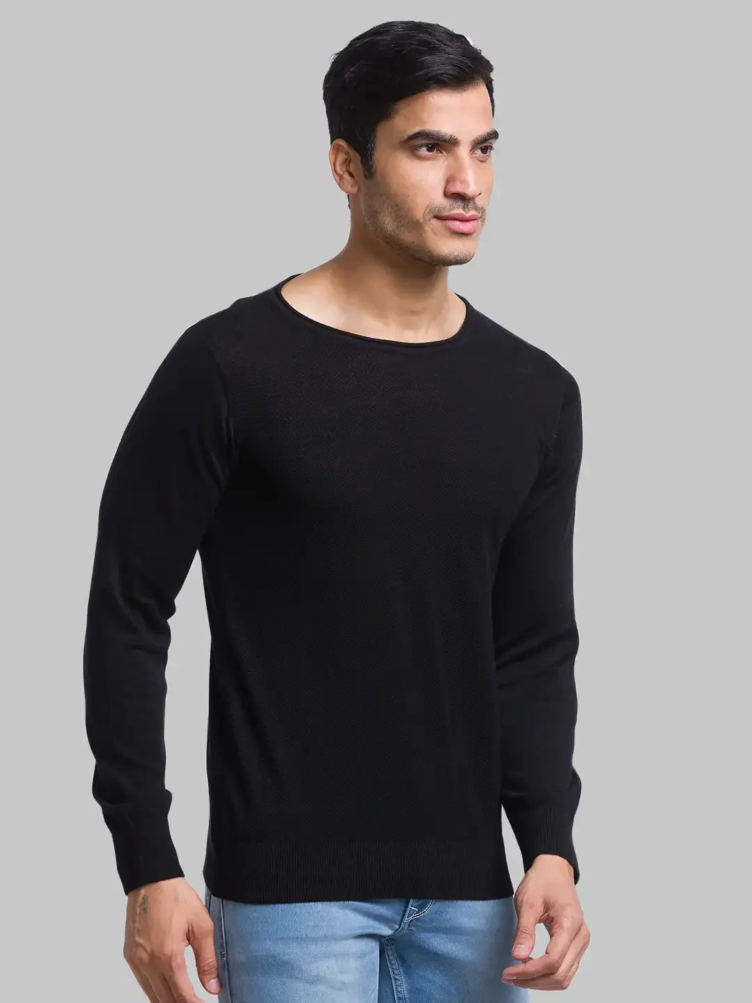Men Black Structure Cotton Full Sleeve Sweaters