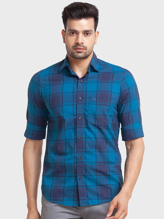 Colorplus Men Blue Checks Tailored Fit Cotton Casual Shirt