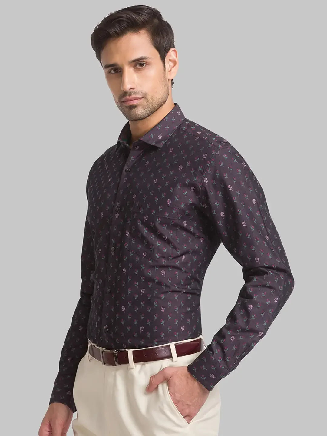 Raymond Men Brown Jacquard Contemporary Fit Cotton Casual Shirt