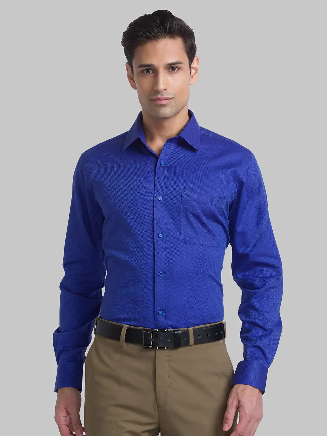Men Blue Contemporary Fit Structure Cotton Full Sleeve Shirts