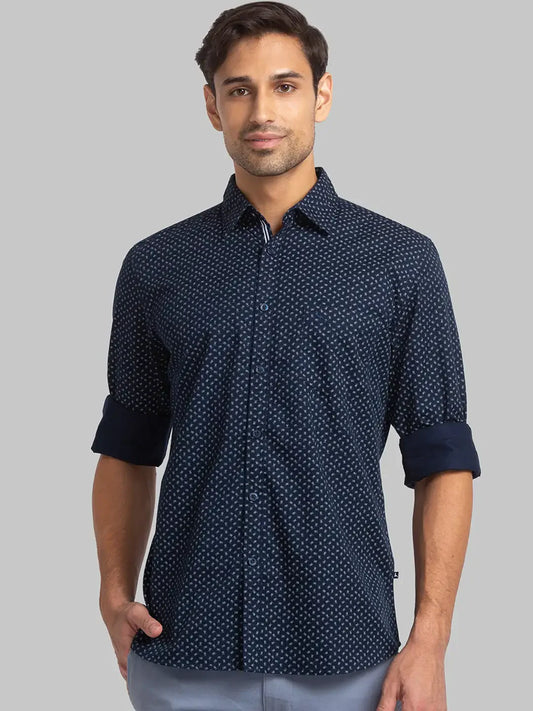 Men Blue Slim Fit Print Cotton Full Sleeve Shirts