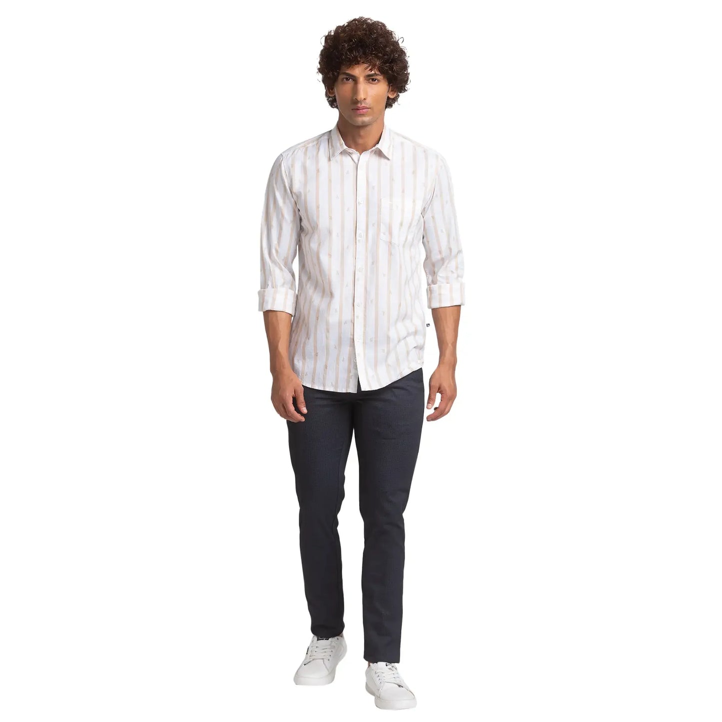 Men White Slim Fit Print Cotton Full Sleeve Shirts