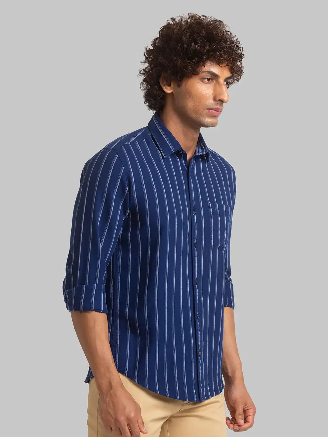 Men Blue Slim Fit Stripe Cotton Full Sleeve Shirts