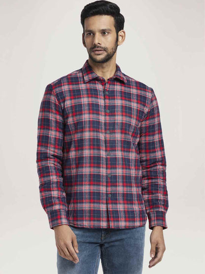 Men Red Slim Fit Checks Cotton Full Sleeve Shirts