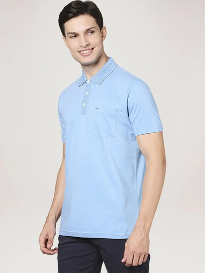 Men Blue Slim Fit Solid Cotton Round Neck Collar Polo T-Shirt