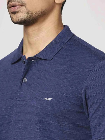 Men Blue Slim Fit Solid Cotton Polyester Blend Round Neck Collar Polo T-Shirt
