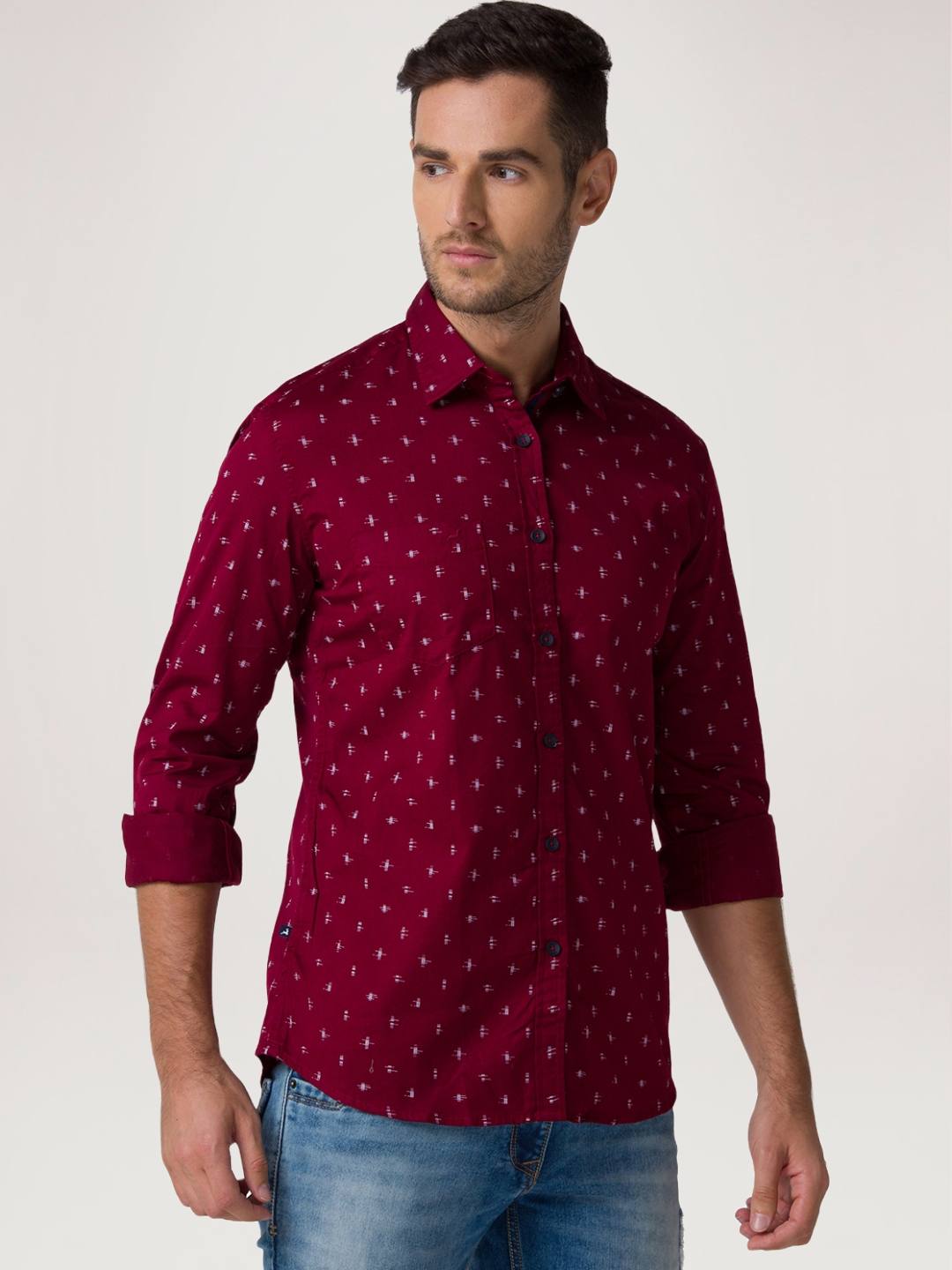 Men Red Slim Fit Print Cotton Full Sleeve Shirts