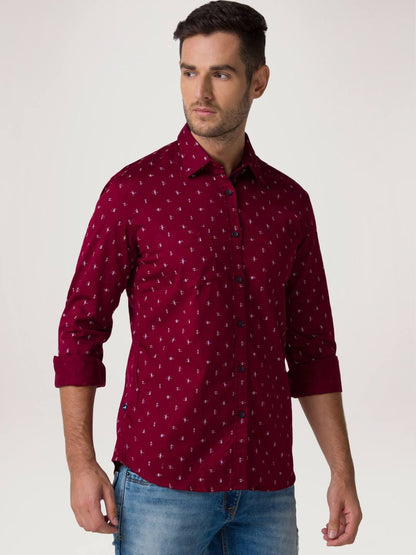 Men Red Slim Fit Print Cotton Full Sleeve Shirts