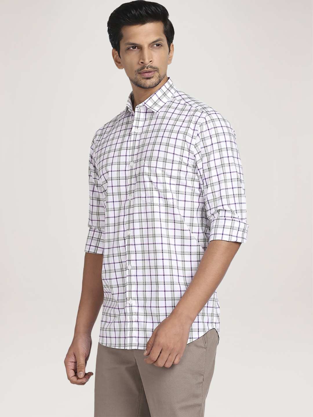 Men Green Tailored Fit Checks Cotton Full Sleeve Shirts