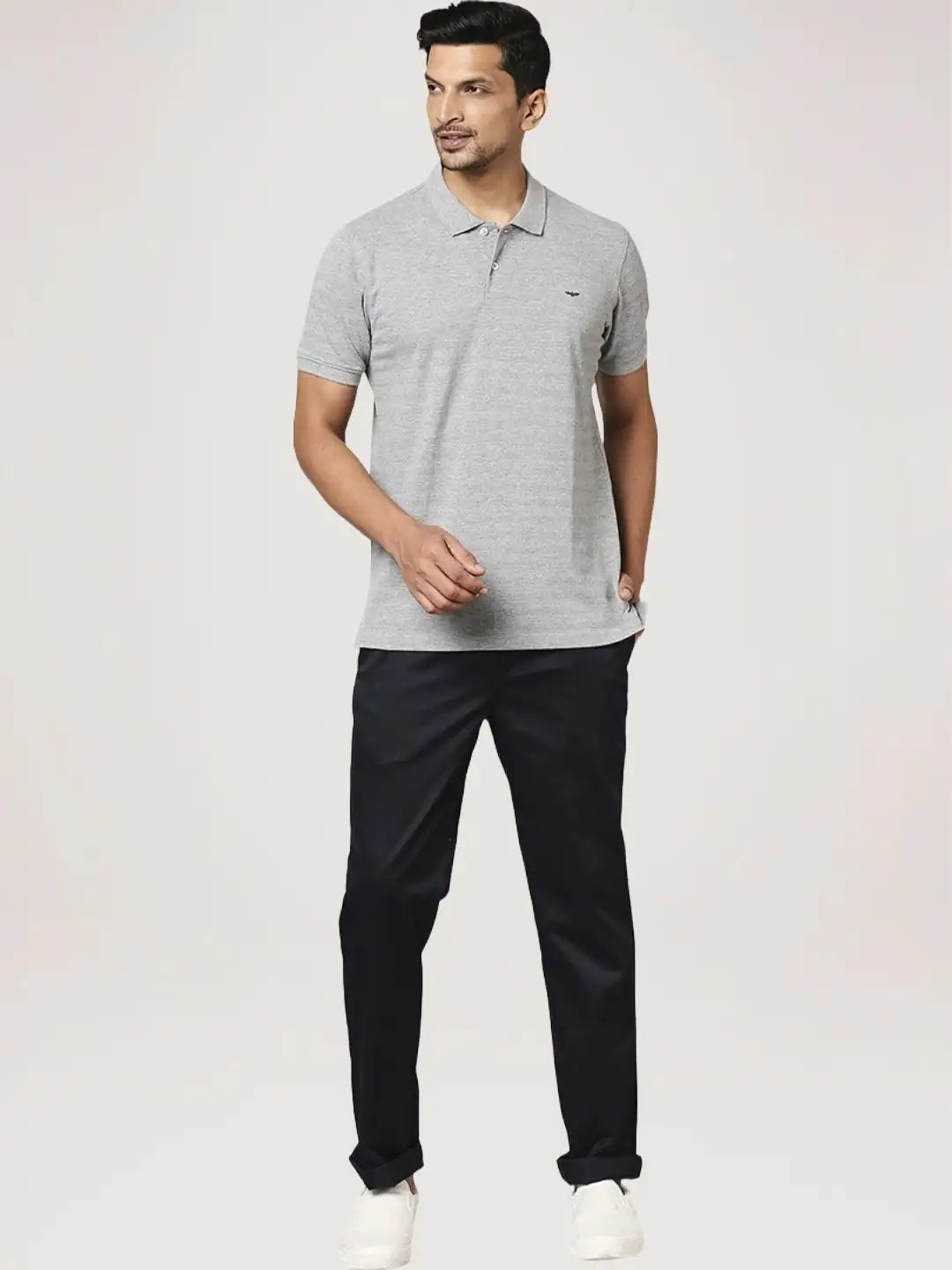 Men Grey Slim Fit Solid Cotton Polyester Blend Round Neck Collar Polo T-Shirt