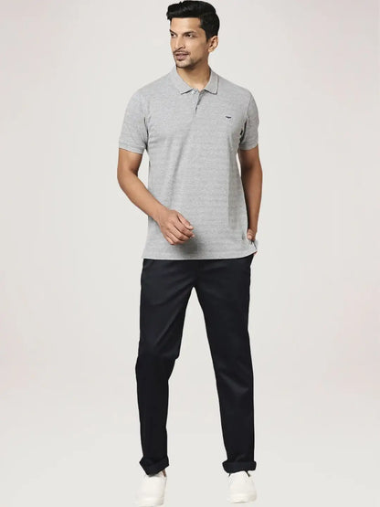 Men Grey Slim Fit Solid Cotton Polyester Blend Round Neck Collar Polo T-Shirt