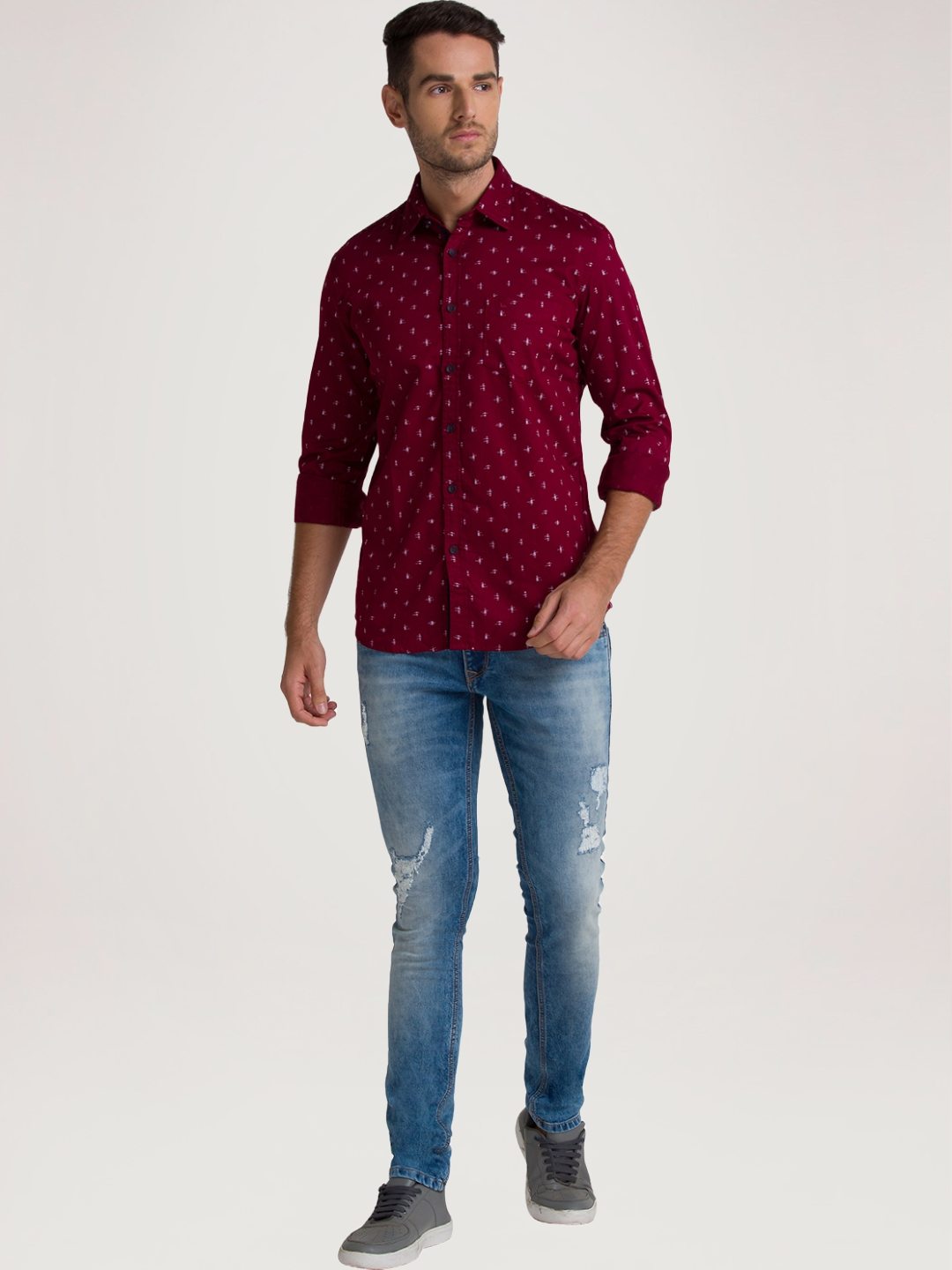 Men Red Slim Fit Print Cotton Full Sleeve Shirts