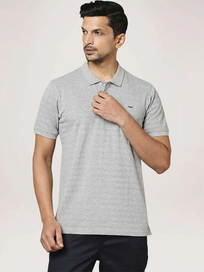 Men Grey Slim Fit Solid Cotton Polyester Blend Round Neck Collar Polo T-Shirt