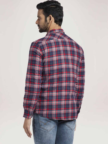 Men Red Slim Fit Checks Cotton Full Sleeve Shirts