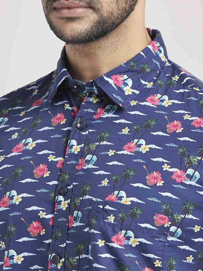 Men Blue Slim Fit Print Cotton Full Sleeve Shirts