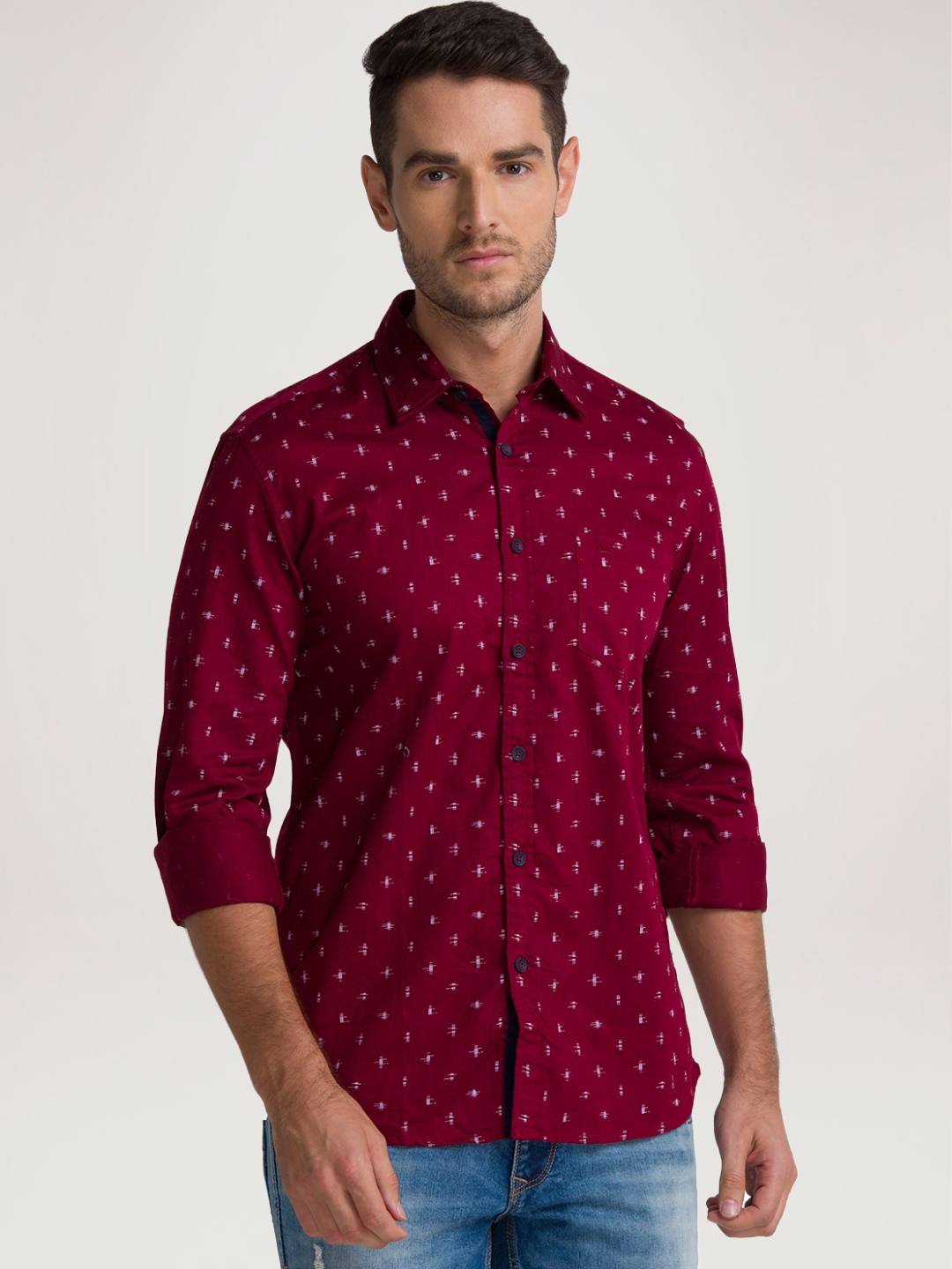 Men Red Slim Fit Print Cotton Full Sleeve Shirts
