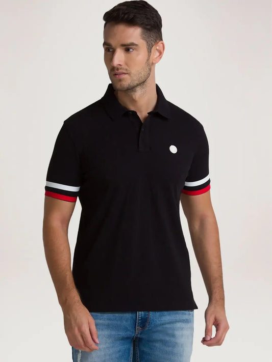 Men Black Regular Fit Solid Cotton Blend Round Neck Collar Polo T-Shirt