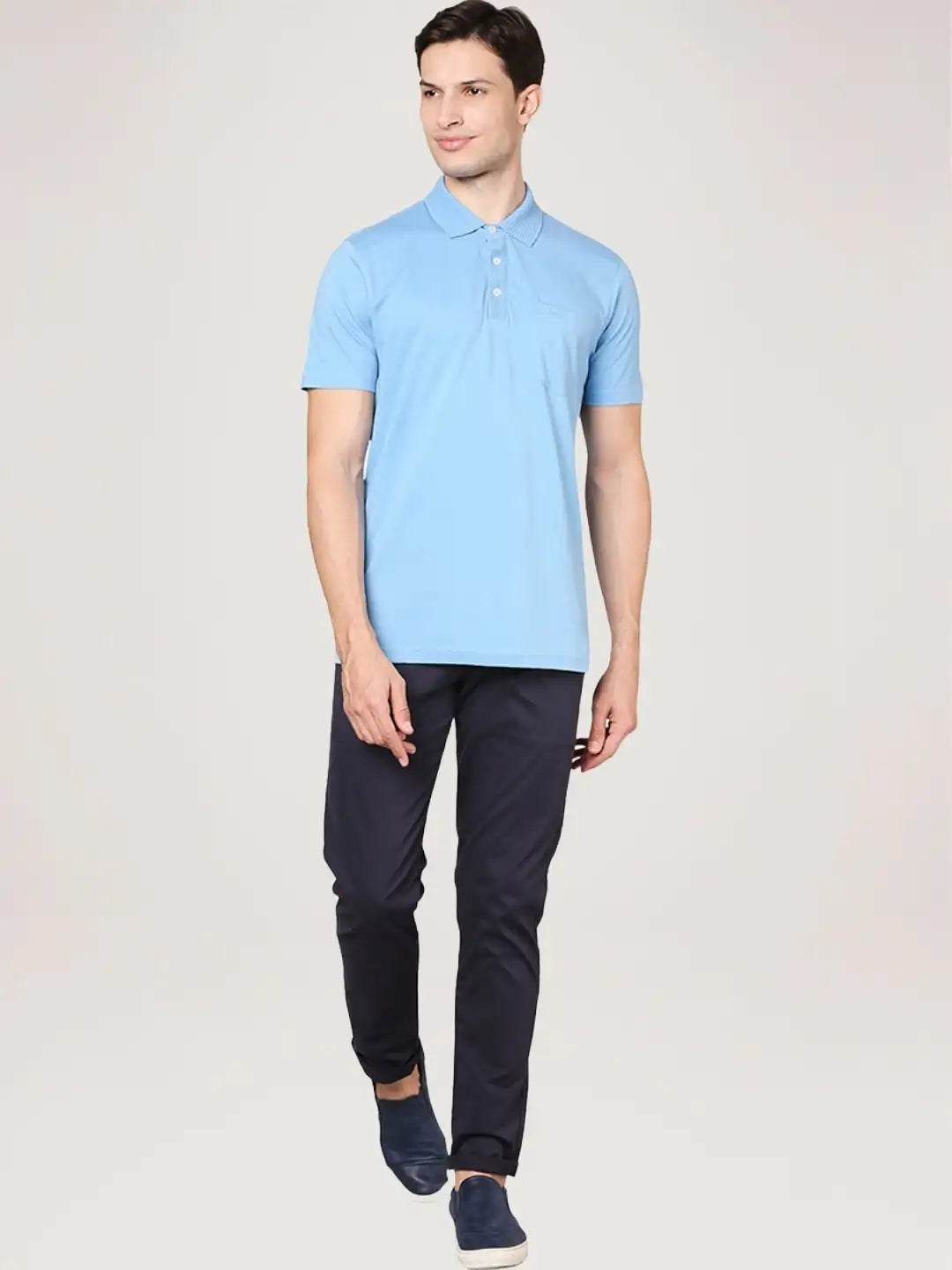 Men Blue Slim Fit Solid Cotton Round Neck Collar Polo T-Shirt