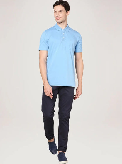Men Blue Slim Fit Solid Cotton Round Neck Collar Polo T-Shirt