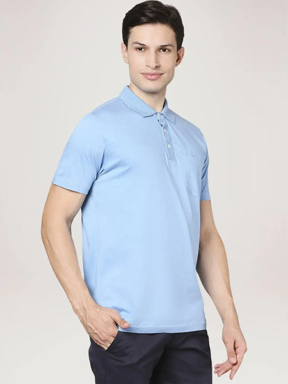 Men Blue Slim Fit Solid Cotton Round Neck Collar Polo T-Shirt