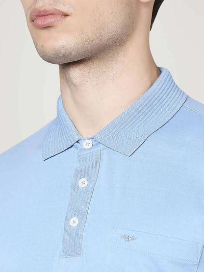 Men Blue Slim Fit Solid Cotton Round Neck Collar Polo T-Shirt