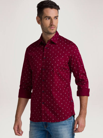 Men Red Slim Fit Print Cotton Full Sleeve Shirts