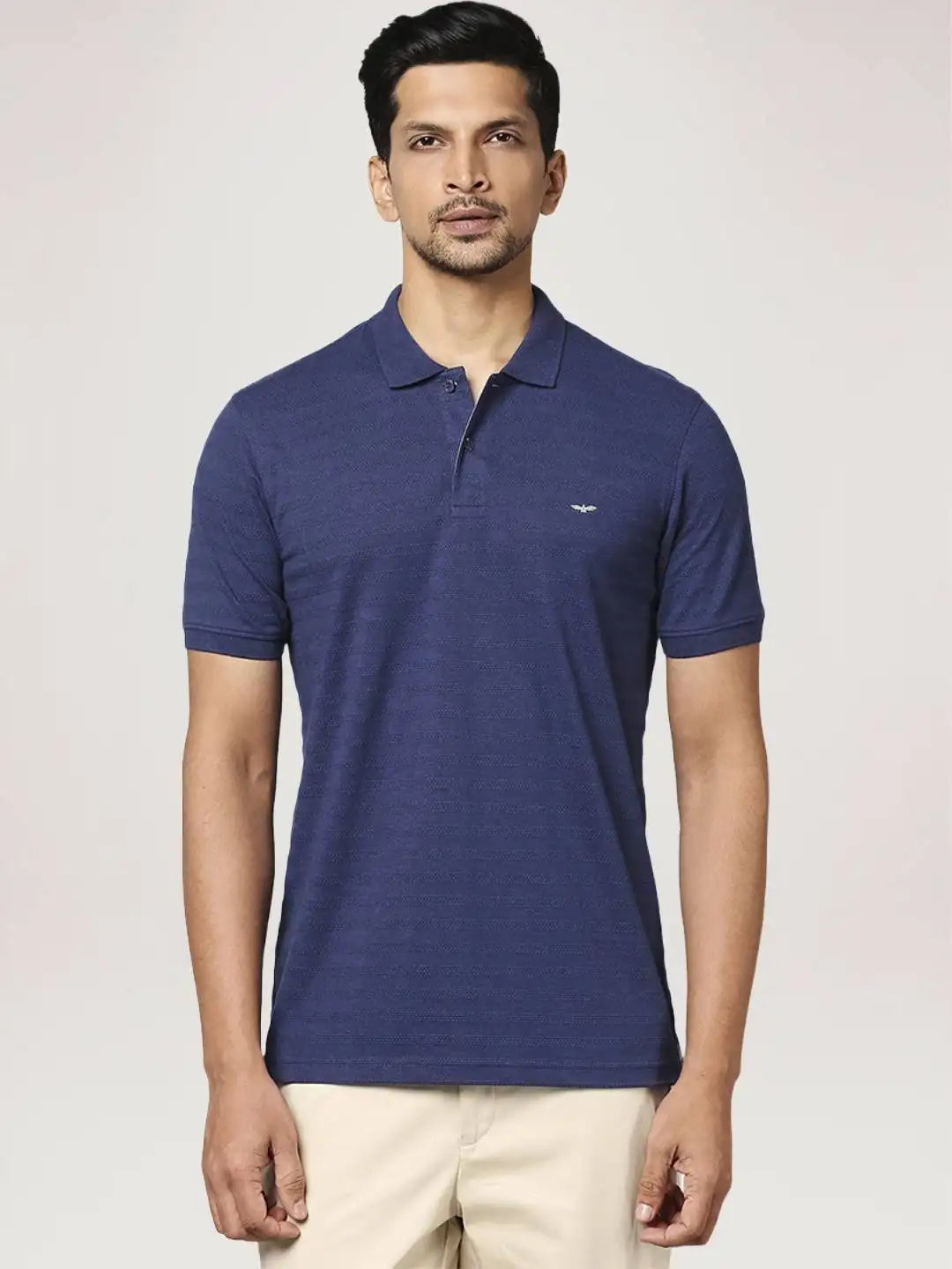 Men Blue Slim Fit Solid Cotton Polyester Blend Round Neck Collar Polo T-Shirt