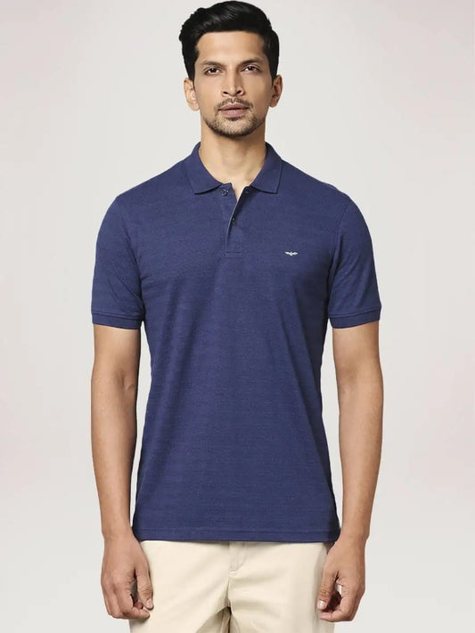Men Blue Slim Fit Solid Cotton Polyester Blend Round Neck Collar Polo T-Shirt