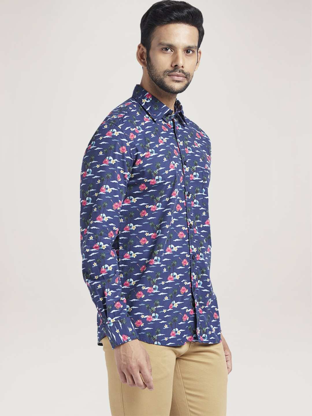 Men Blue Slim Fit Print Cotton Full Sleeve Shirts