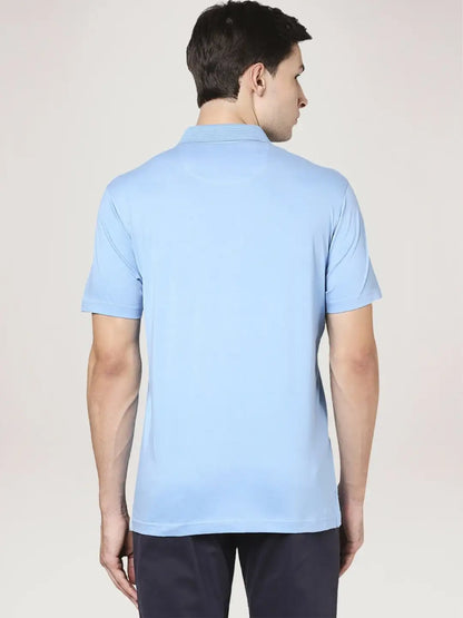 Men Blue Slim Fit Solid Cotton Round Neck Collar Polo T-Shirt