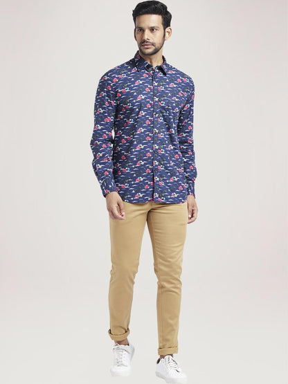Men Blue Slim Fit Print Cotton Full Sleeve Shirts