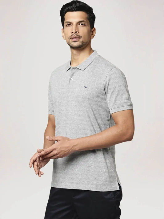 Men Grey Slim Fit Solid Cotton Polyester Blend Round Neck Collar Polo T-Shirt
