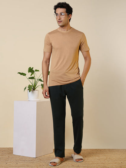 Sleepz Men Brown Solid Regular Fit Bamboo T-Shirt