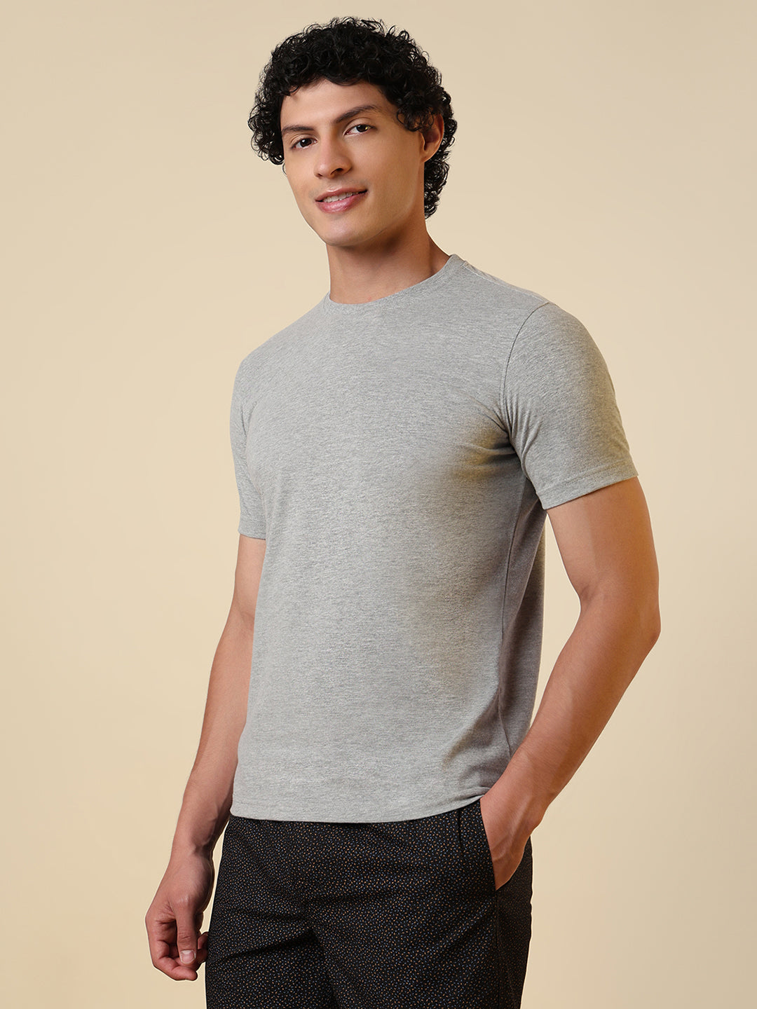 Sleepz Men Grey Solid Regular Fit Cotton T-Shirt