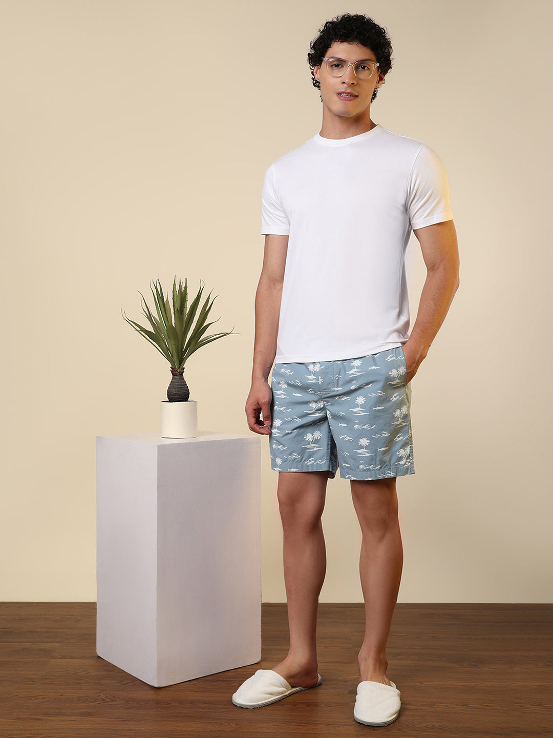 Sleepz Men White Solid Regular Fit Cotton Blend T-Shirt