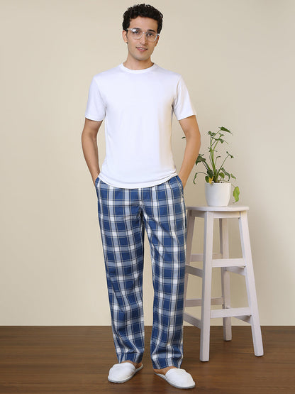 Sleepz Men Blue Checks Regular Fit Cotton Pyjama