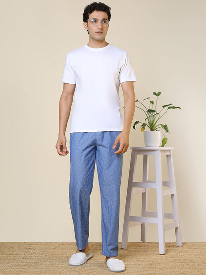 Sleepz Men Blue Printed Regular Fit Cotton Pyjama
