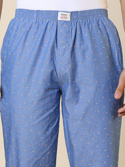 Sleepz Men Blue Printed Regular Fit Cotton Pyjama