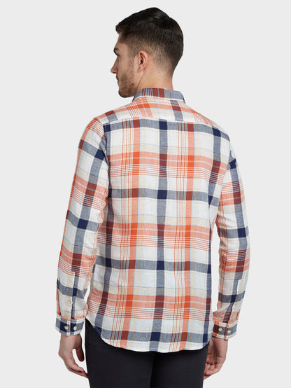 Colorplus Orange Checks Contemporary Fit Loycell Cotton Blend Casual Shirt