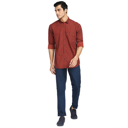 Men Red Tailored Fit Print Cotton Full Sleeve Shirts