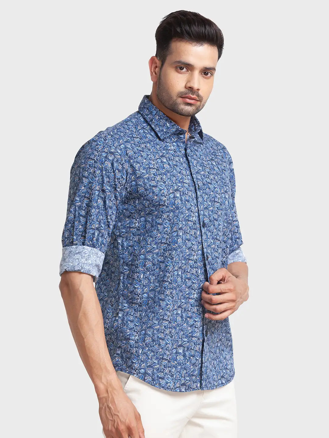Men Blue Tailored Fit Print Cotton Full Sleeve Shirts
