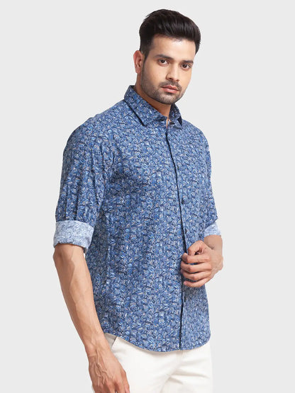 Men Blue Tailored Fit Print Cotton Full Sleeve Shirts