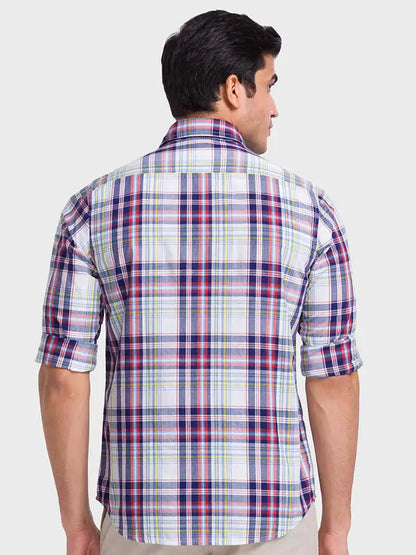 Men Blue Tailored Fit Checks Cotton Blend Full Sleeve Shirts