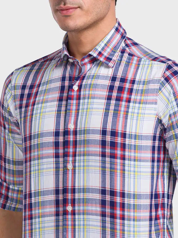 Men Blue Tailored Fit Checks Cotton Blend Full Sleeve Shirts