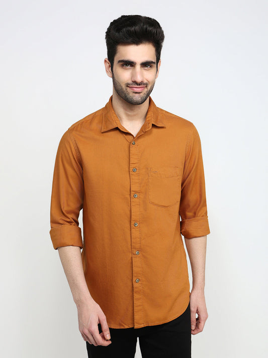 Colorplus Men Orange Solid Regular Fit Cotton Full Sleeve Casual Shirt