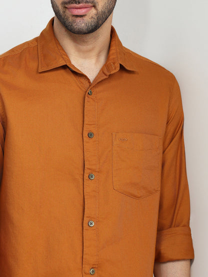 Colorplus Men Orange Solid Regular Fit Cotton Full Sleeve Casual Shirt
