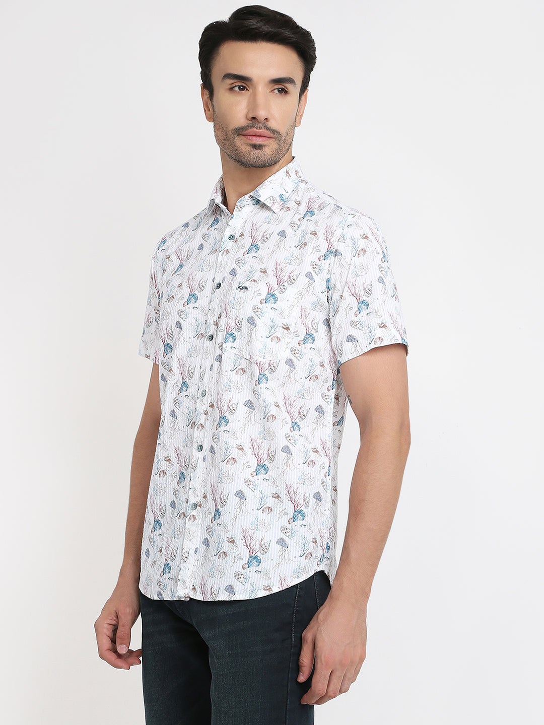 Colorplus Men Blue Printed Regular Fit Cotton Half Sleeve Casual Shirt