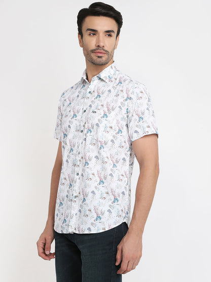 Colorplus Men Blue Printed Regular Fit Cotton Half Sleeve Casual Shirt